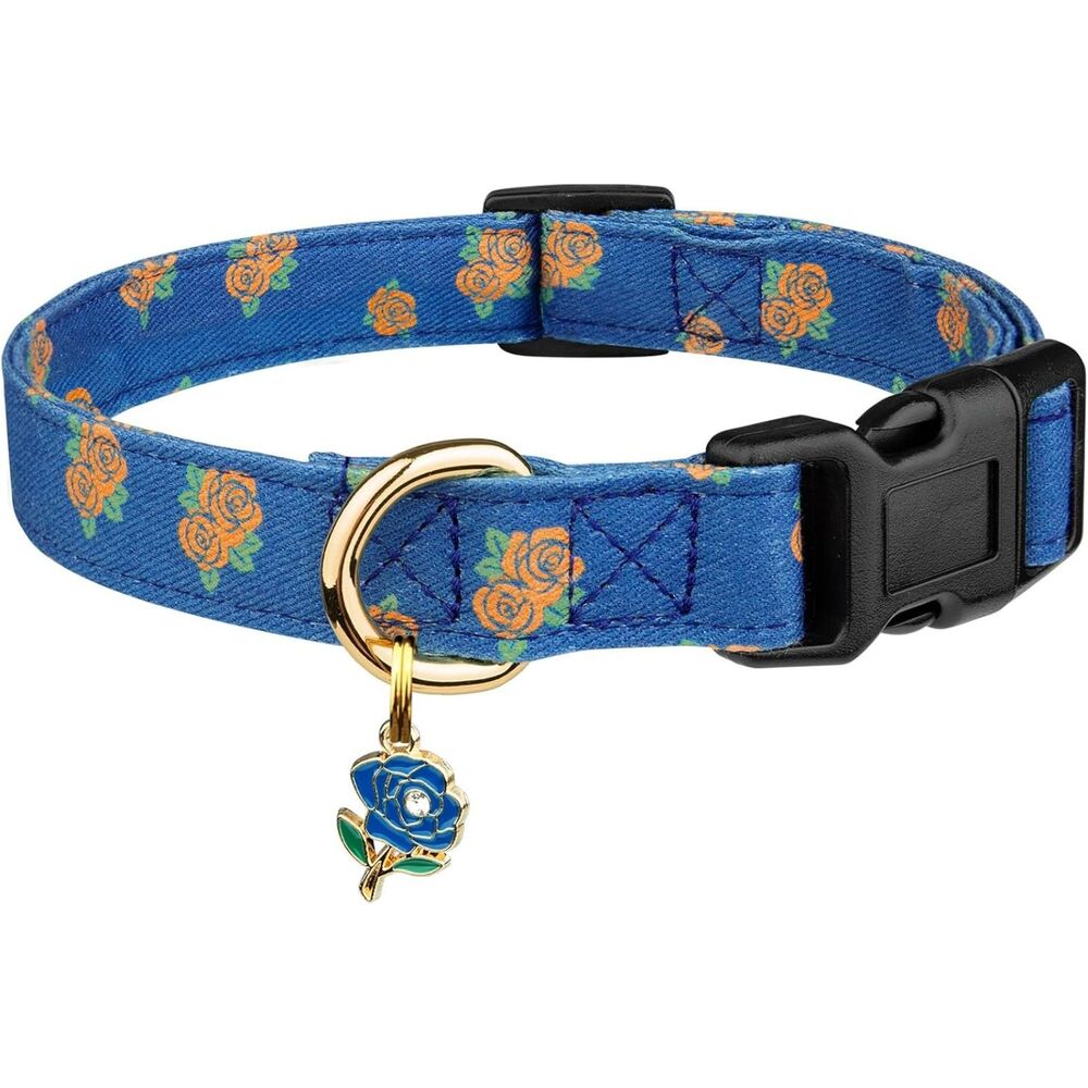 Cotton Handmade Dog Collar Blue Rose with Pendant for Girl Boy Dogs Collars S